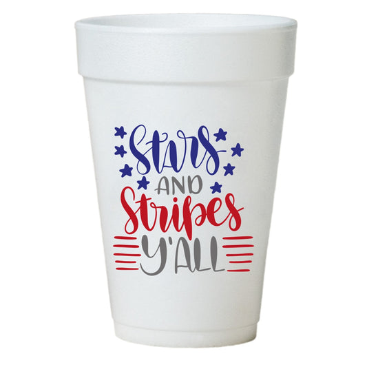 July 4th Party Cups- Stars and Stripes Y'all Patriotic Cups- 16oz Styrofoam July 4th Cups- 10 Pack-Instock