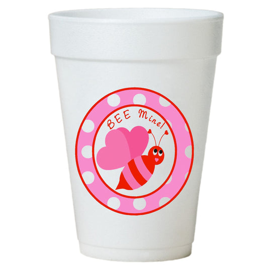 Valentines Party Cups - Bee Mine Valentine Design - 16oz Styrofoam Party Cups - Set of 10