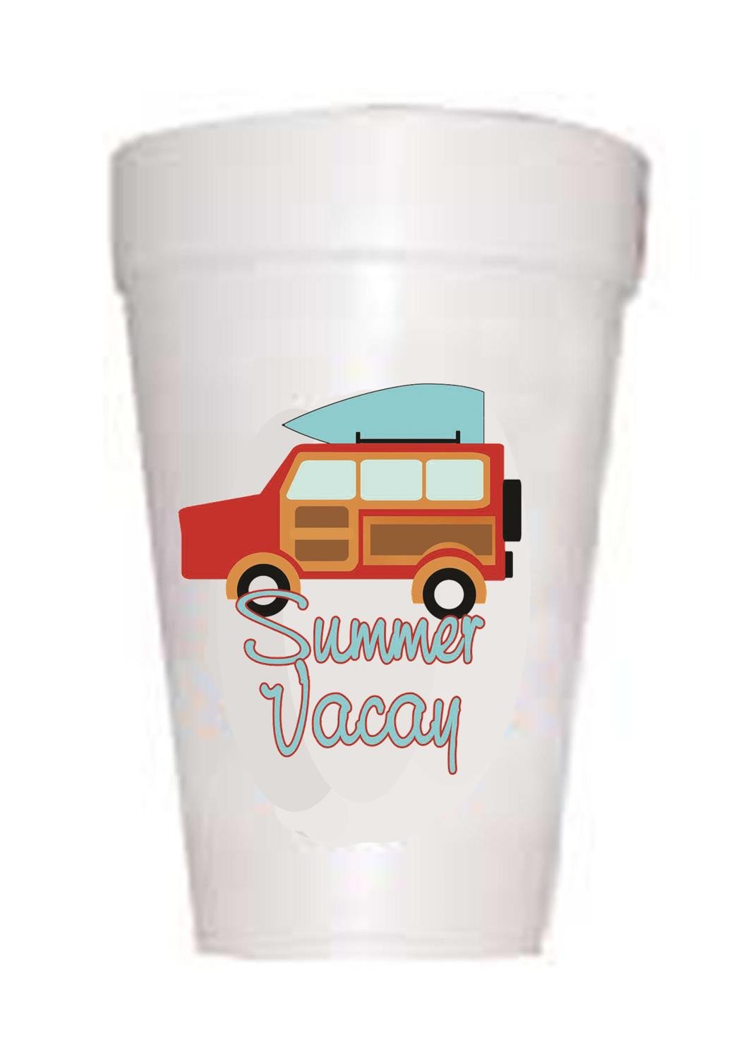 styrofoam cup with jeep and surf board on top with text summer vacay