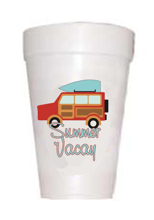 styrofoam cup with jeep and surf board on top with text summer vacay