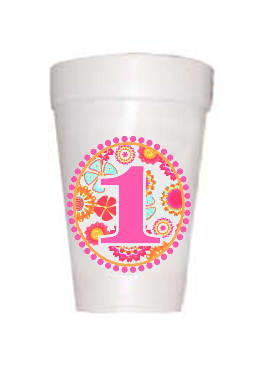 Retro hot pink #1 on styrofoam cups for girls first birthday