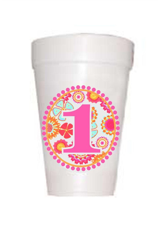 Retro hot pink #1 on styrofoam cups for girls first birthday