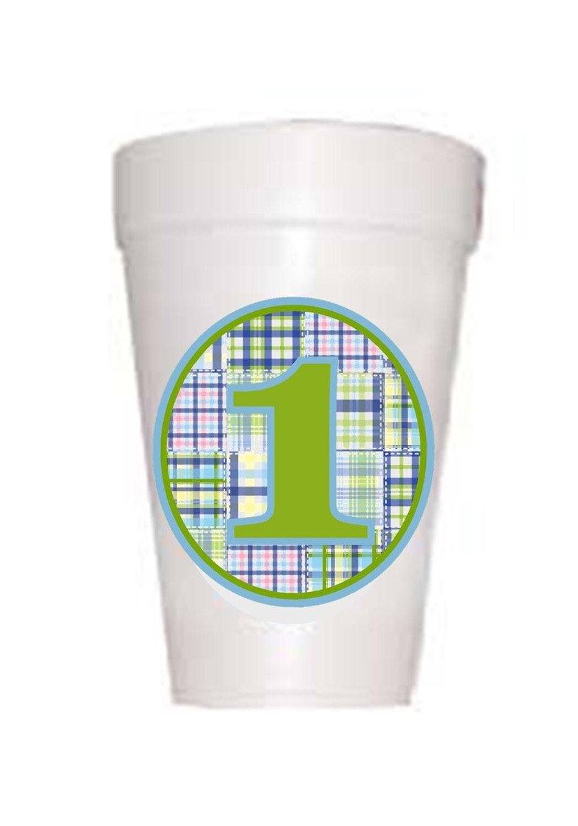 Blue and Green Boy Madras First Birthday Styrofoam Cup