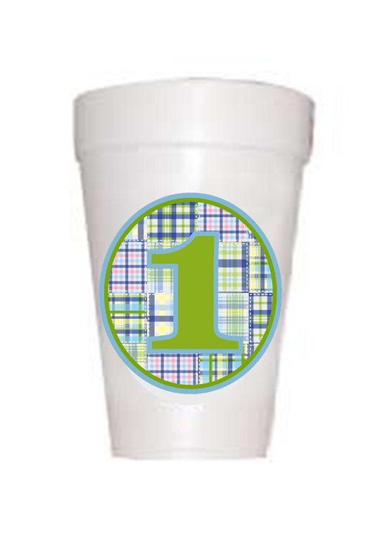 Blue and Green Boy Madras First Birthday Styrofoam Cup