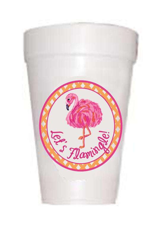 Flamingo on styrofoam cup with text Let's Flamingle