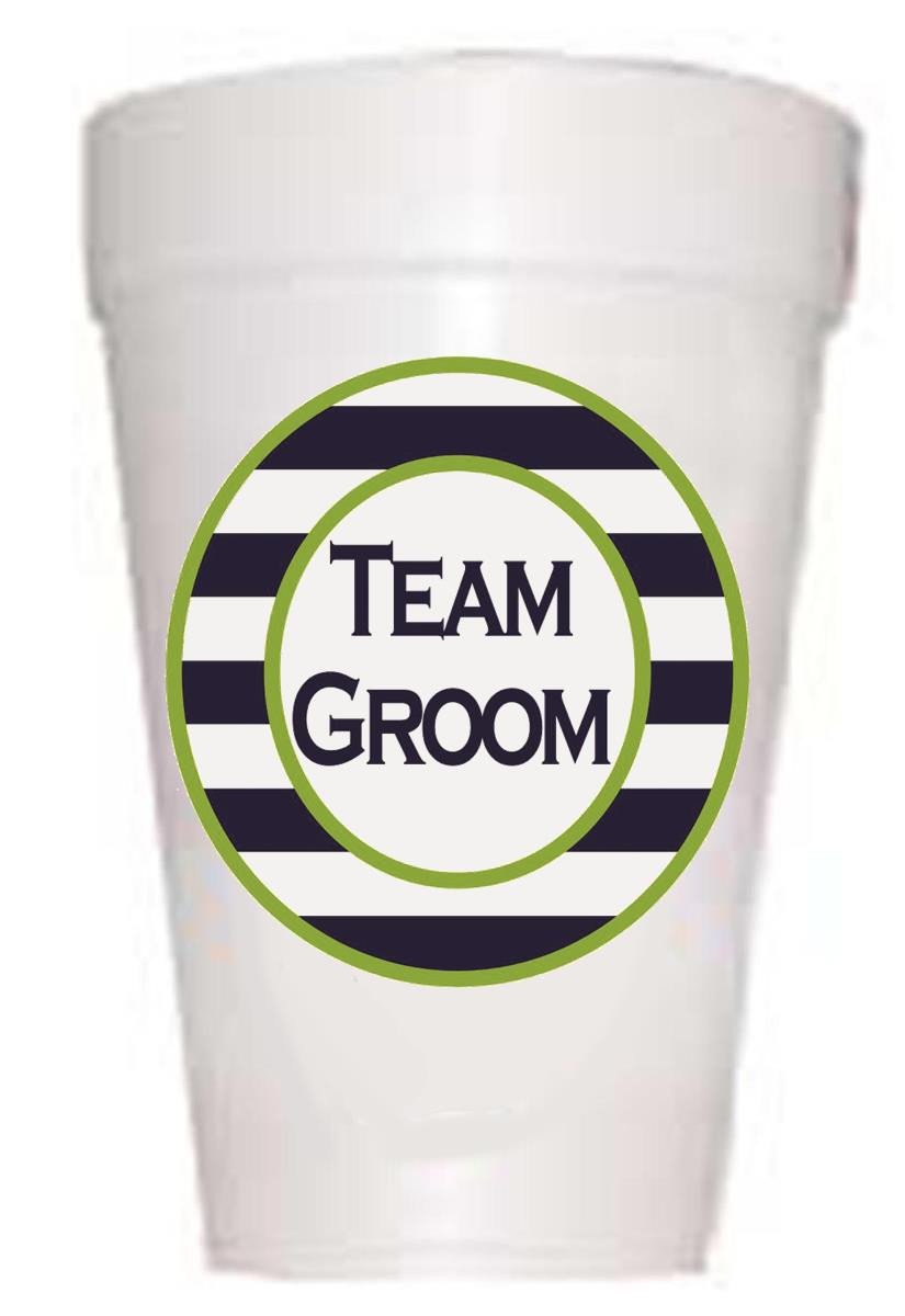 styrofoam cup with team groom in navy and green stripe