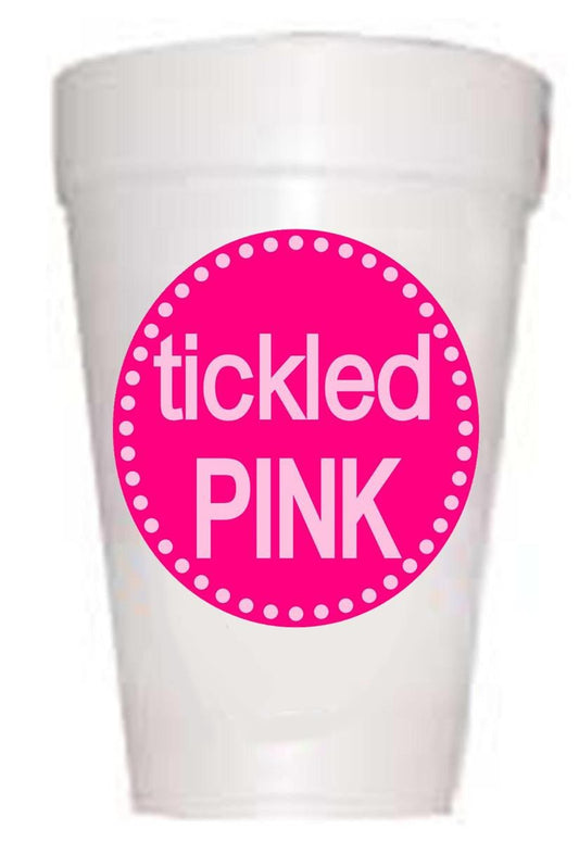 hot pink circle with tickled pink on styrofoam cup