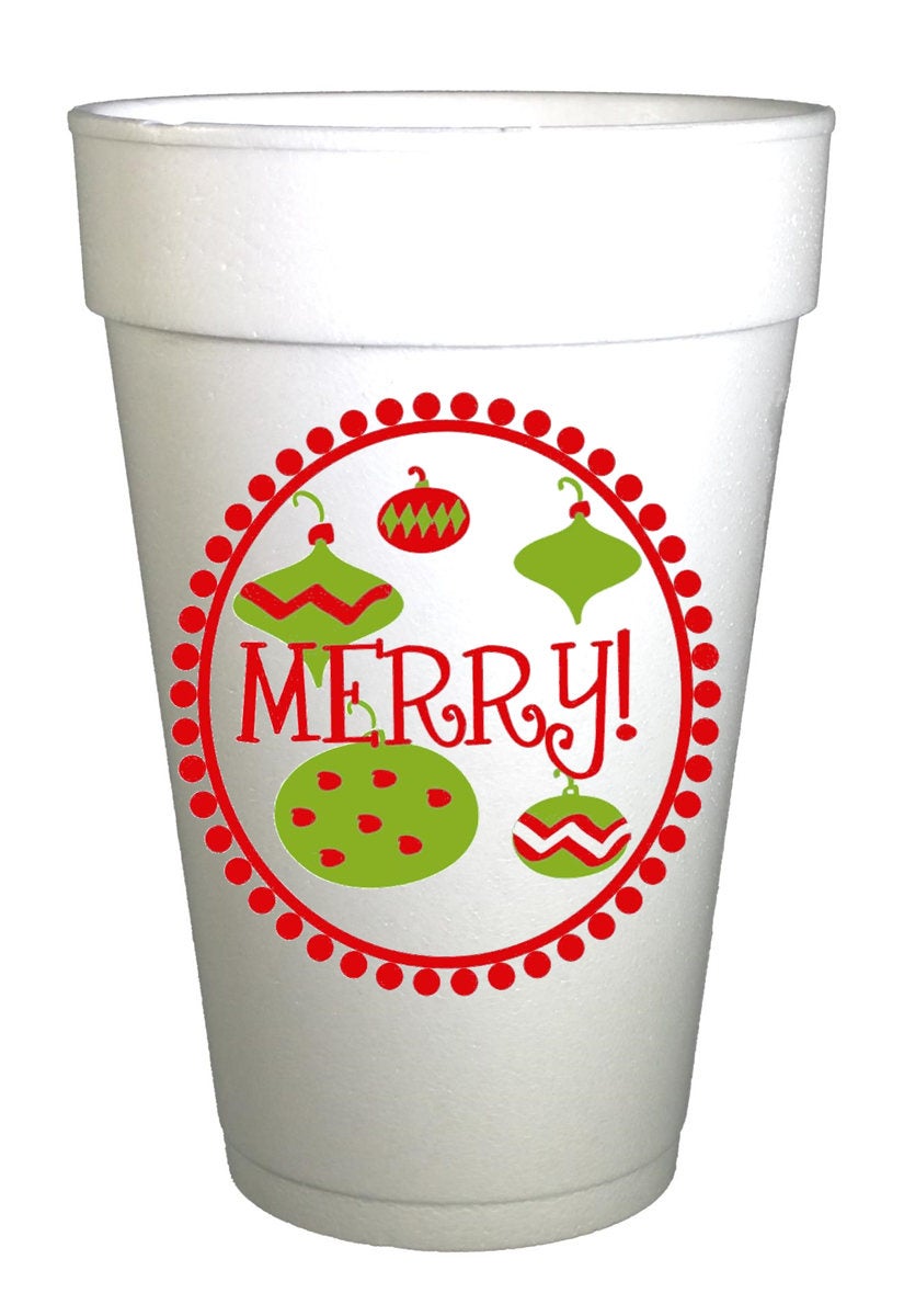 Christmas Styrofoam Cups | 16 oz Disposable Holiday Party Cups with Festive Ornament Decoration