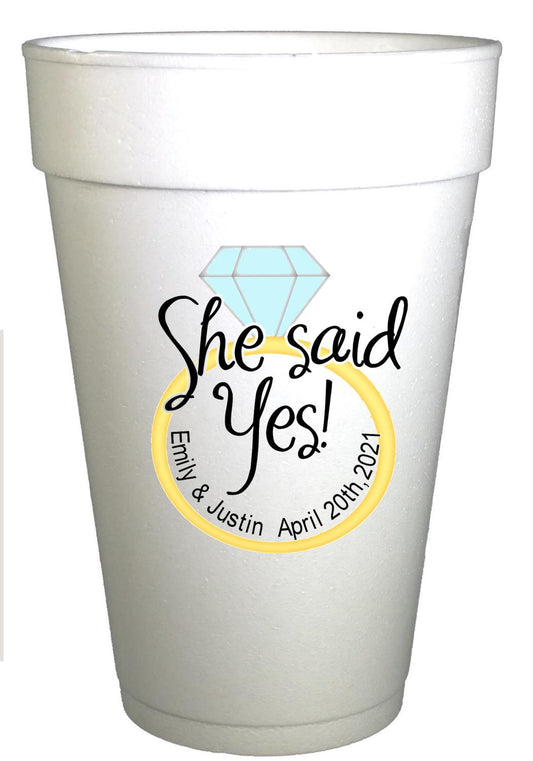 Personalized Engagement Cups - Custom She Said Yes Party Cups | 16 oz Styrofoam