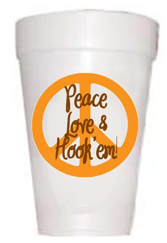 Texas Peace-Love-Hook 'Em Styrofoam Cups-Texas Tailgating Cups