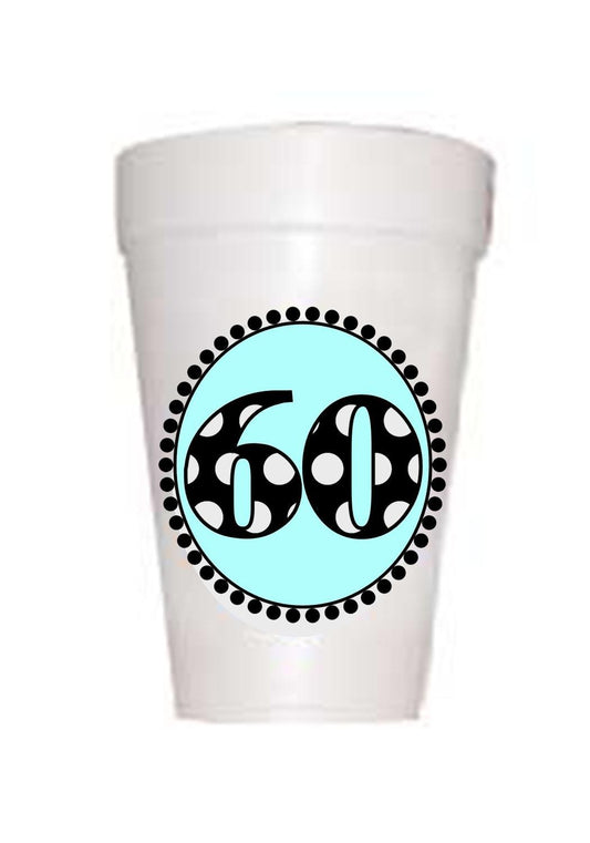 60th Birthday Styrofoam Cups in blue with black polka dots