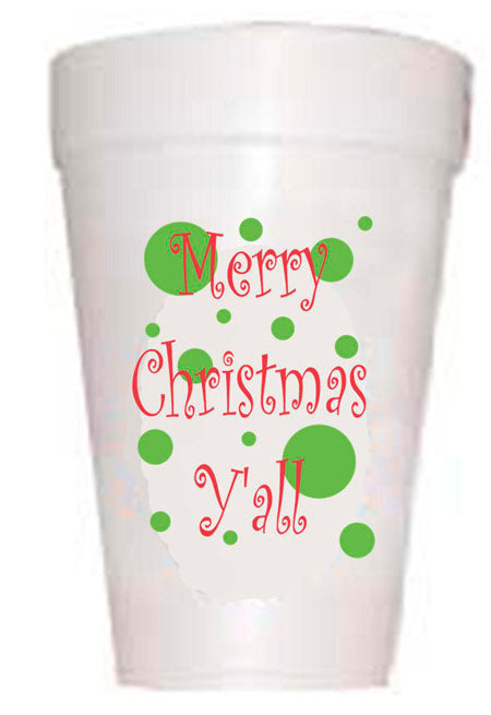 Merry Christmas Y'All Dots Styrofoam Cups-10ea/16oz Styrofoam Christmas Party Cups