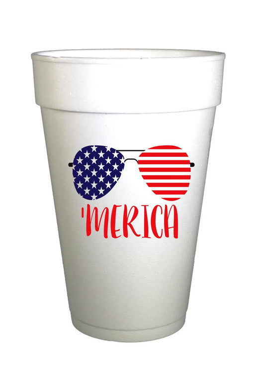 Merica Patriotic Sunglasses- July 4th Party Cups- 10ea/ 16 oz Styrofoam July 4th Cups- Instock