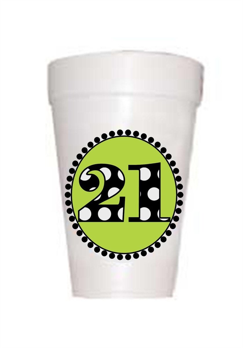 21st Birthday Styrofoam Cups in Lime with 21 in black polka dots