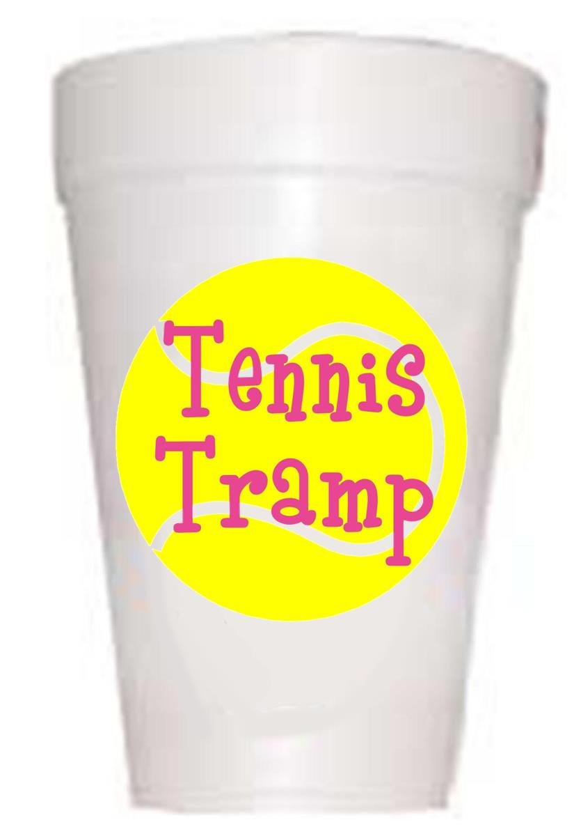 tennis ball with Tennis Tramps written on ball on styrofoam cup