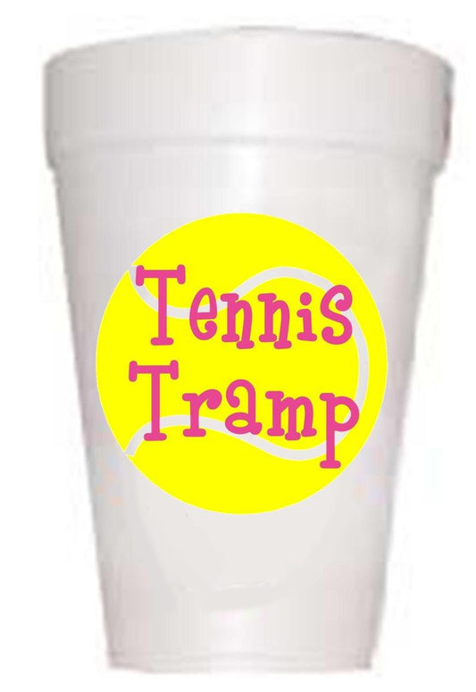 tennis ball with Tennis Tramps written on ball on styrofoam cup