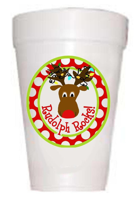 Christmas Party Cups - Rudolph Themed Styrofoam Holiday Drinkware 10 Pack 16oz