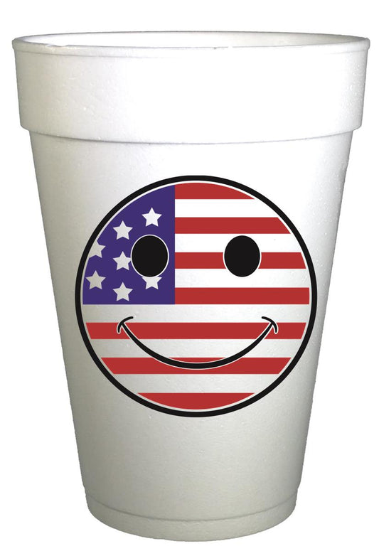 Smiley Flag July 4th Party Cups- 10ea/ 16 oz Styrofoam July 4th Cups- Instock