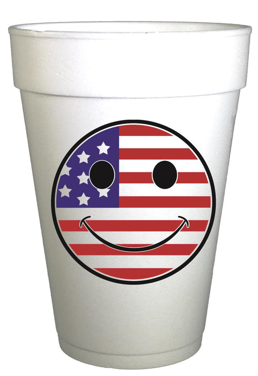 4th of July Party Cups-Smiley Flag Patriotic Theme Cups-16 oz Styrofoam Cups-10 Pack- Instock