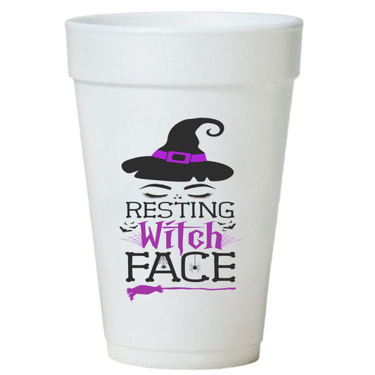 Resting Witch Face Cups – 16oz Styrofoam Halloween Party Cups | Disposable Drinkware