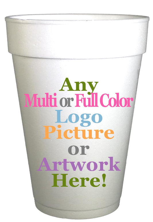 A white foam cup with colorful text printed on it.