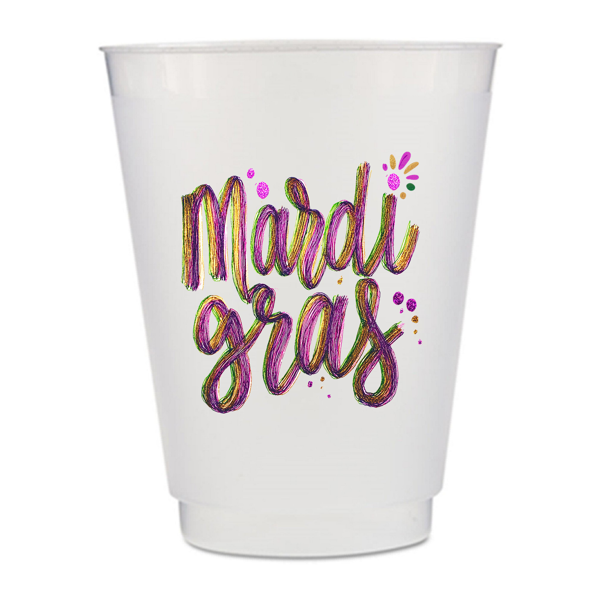 A white plastic cup with the text "Mardi gras" printed on it in a colorful, hand-drawn style.