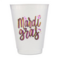 A white plastic cup with the text "Mardi gras" printed on it in a colorful, hand-drawn style.