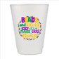 A white plastic cup with a colorful design featuring text and decorative elements related to Mardi Gras.