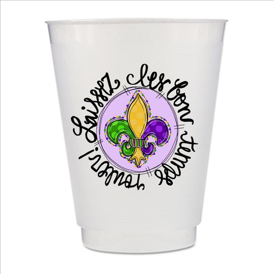 A white plastic cup with a decorative design featuring a colorful fleur-de-lis flower and text around it.