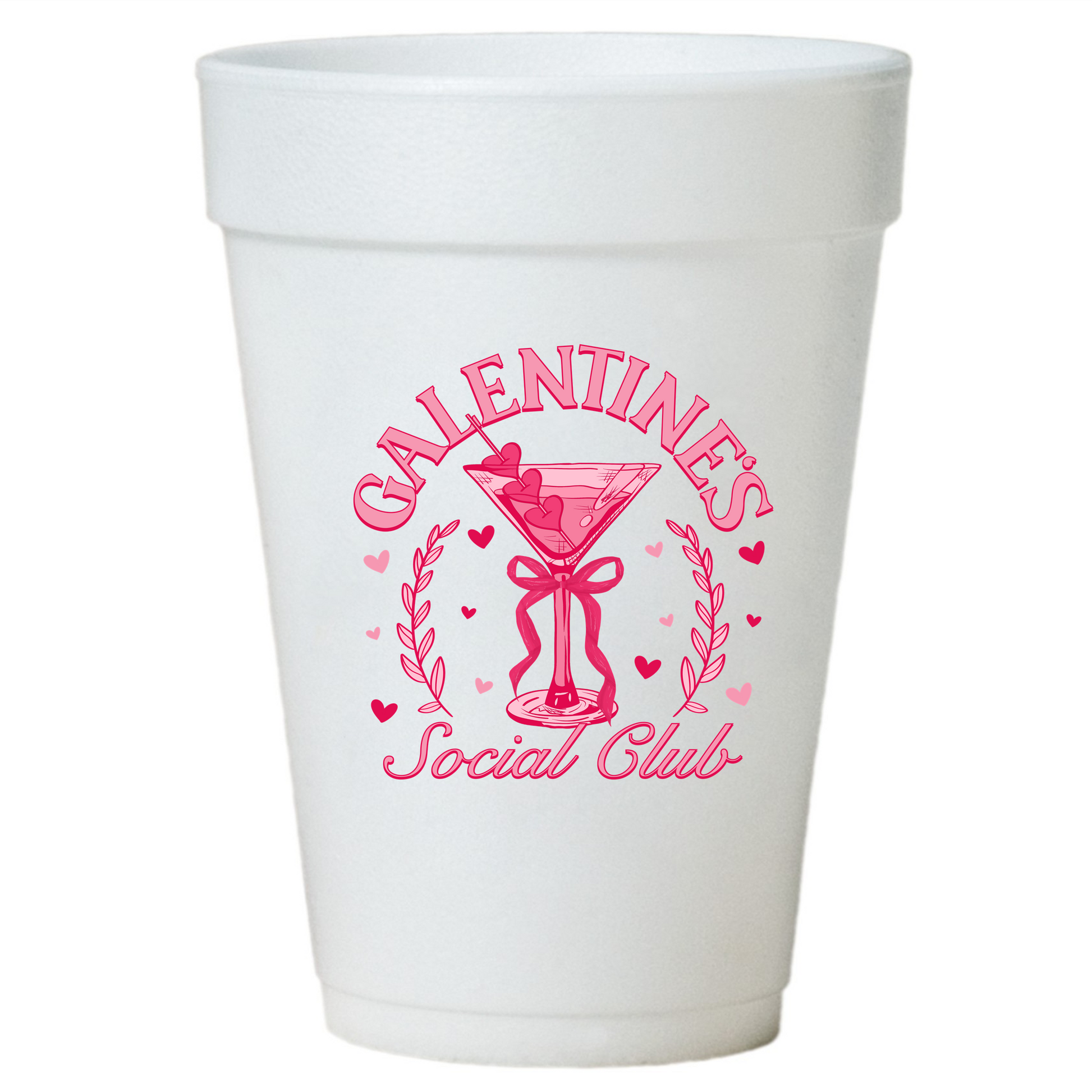 A white styrofoam cup with a pink logo and text on it.