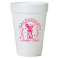 A white styrofoam cup with a pink logo and text on it.
