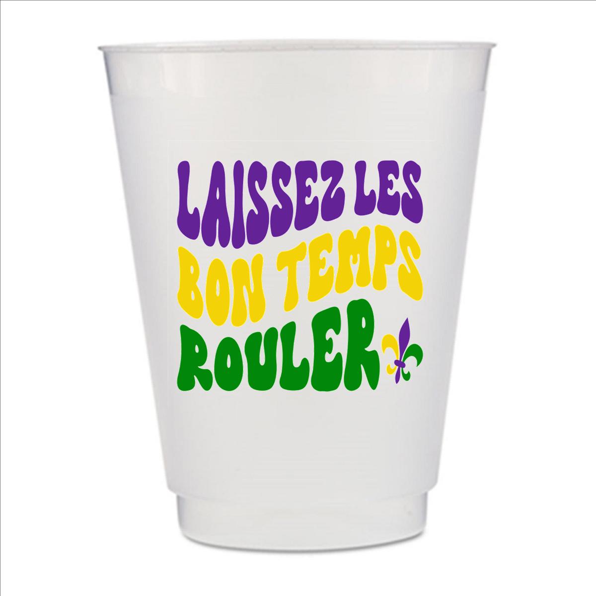 A white plastic cup with text printed on it in a stylized font.