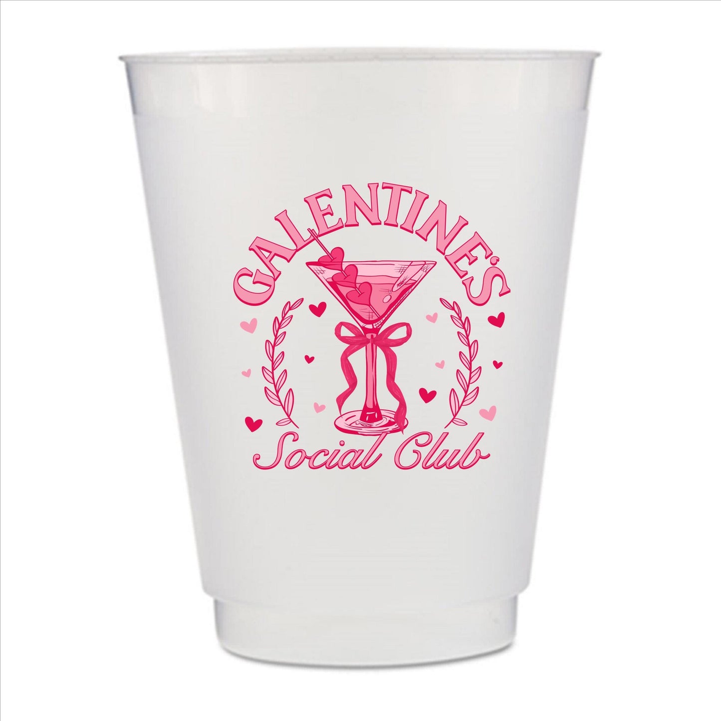 A white plastic cup with a pink logo and text on it.
