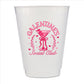 A white plastic cup with a pink logo and text on it.