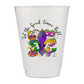 A white plastic cup with a colorful illustration of a fleur-de-lis flower, a crown, a mardi gras mask, a green wine glass, and a pumpkin. The text "Let the good times roll" is written around the illustration.