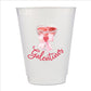 A white plastic cup with a printed design featuring a glass of red wine with a bow and the word "Galentines" written below it.