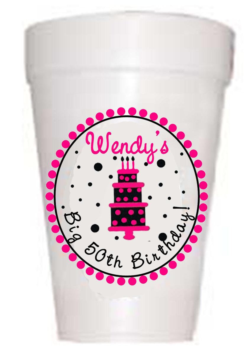 Personalized Birthday Cups - Custom Pink and Black Cake Party Cups 16 oz Styrofoam