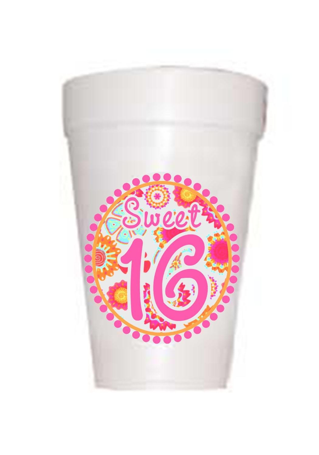 Retro hot pink deisgn with 16 in middle of styrofoam cup