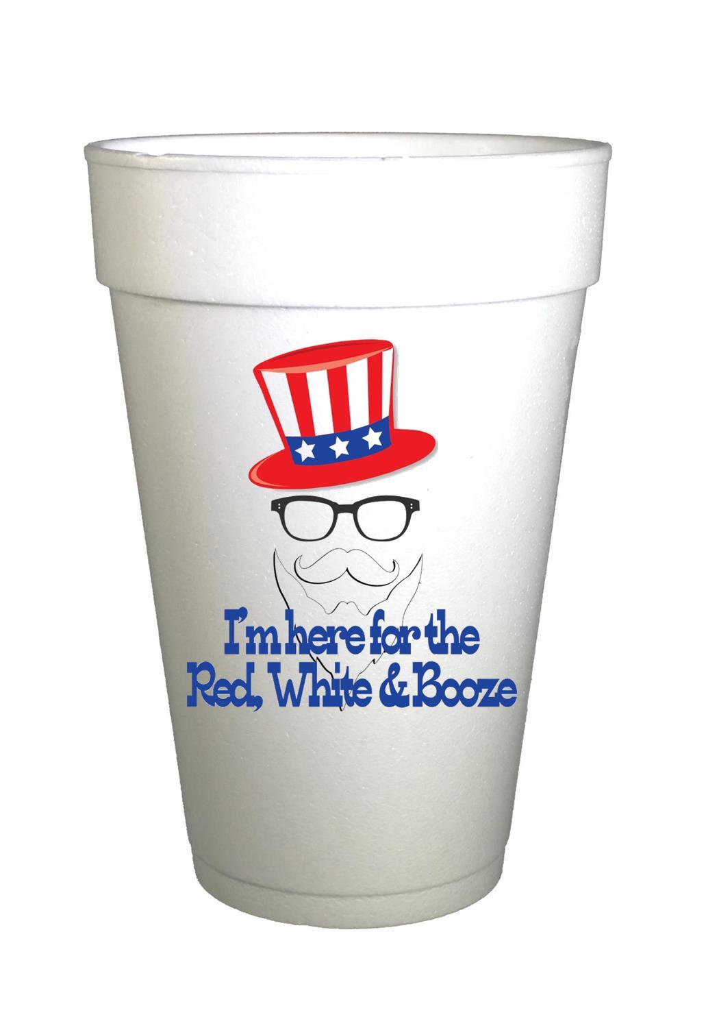 Patriotic Uncle Same with Red White and Booze written on cup