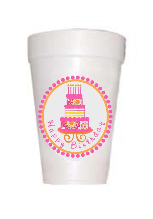 pink birthday cake on styrofoam cup