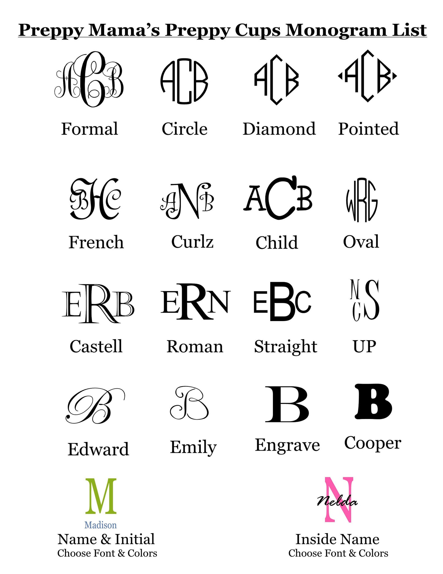 monogram choices for cups