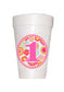 Retro hot pink #1 on styrofoam cups for girls first birthday