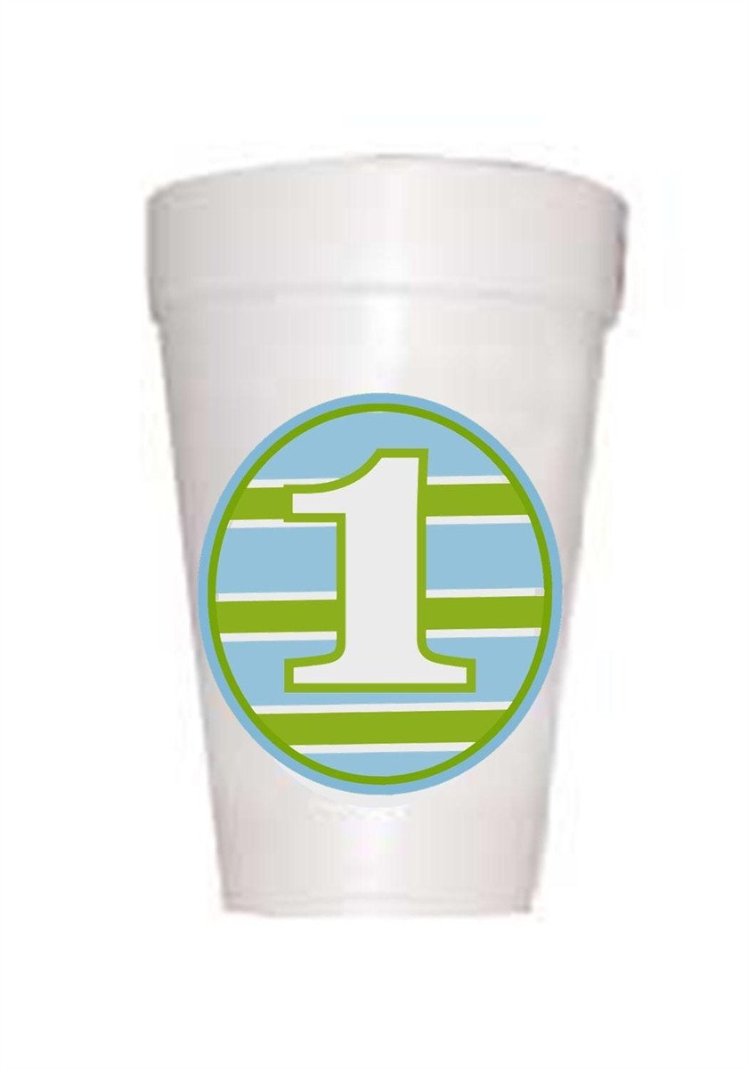 Blue and Green Boy Stripe First Birthday Styrofoam Cup with number 1