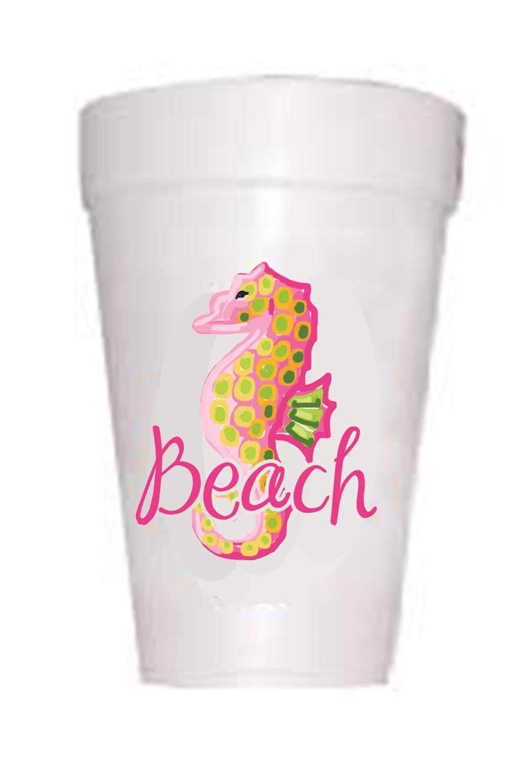 Seahorse on styrofoam cups with text Beach