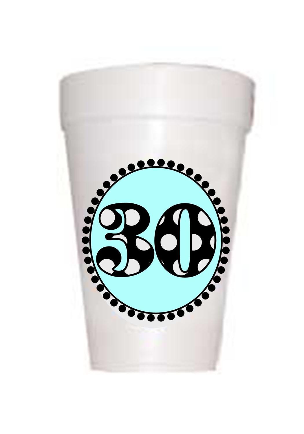 30th Birthday Styrofoam Cups in Blue with black polka dot 30