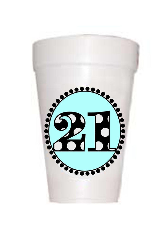 21st Birthday Styrofoam Cups in blue with black polka dot 21