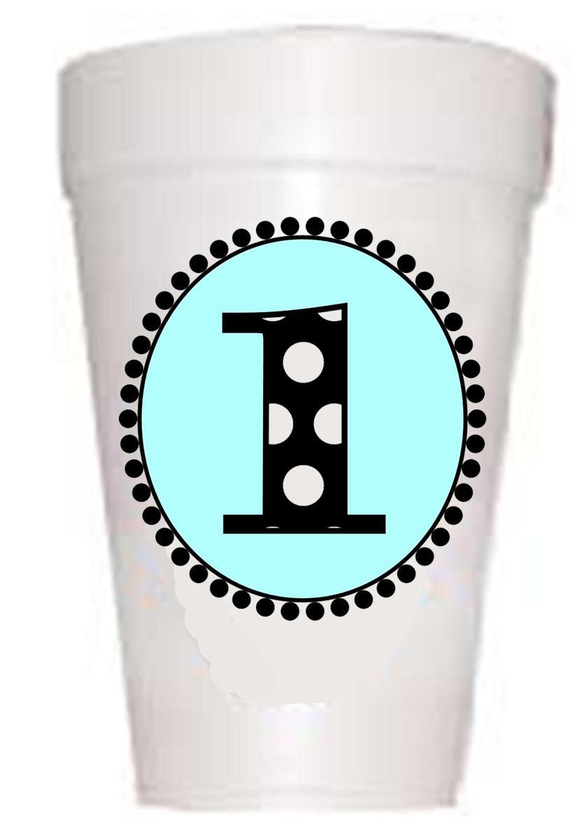 blue first birthday party cups styrofoam with black polka dot number 1