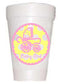 yellow polka dot circle with pink baby carriage on styrofoam cup