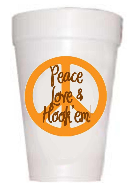 TX Peace-Love-Hook 'Em Styrofoam Cups-Texas Tailgating Cups