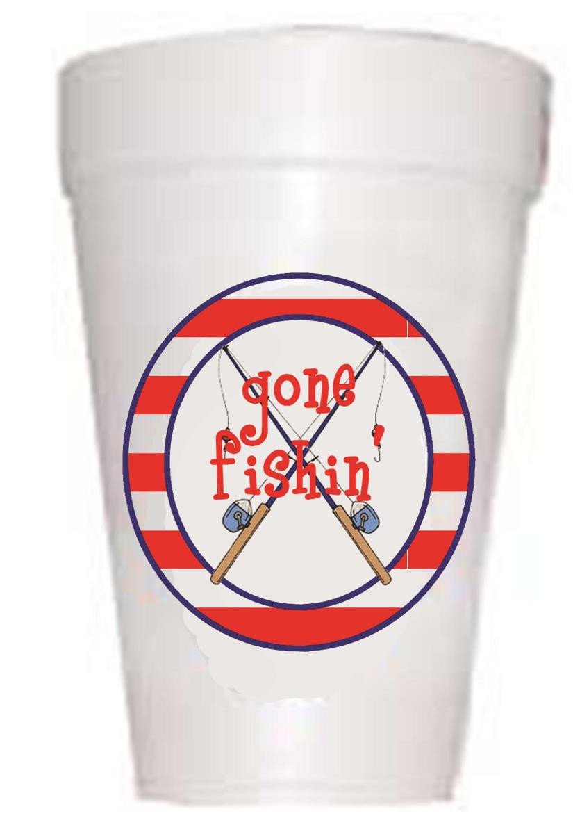 fishing reel on styrofoam cup with gone fishin text